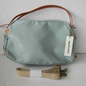 NWT JACK GOMME PARIS LEBOWL LINEN/LEATHER BOWLING BAG LIGHT BLUE CROSSBODY